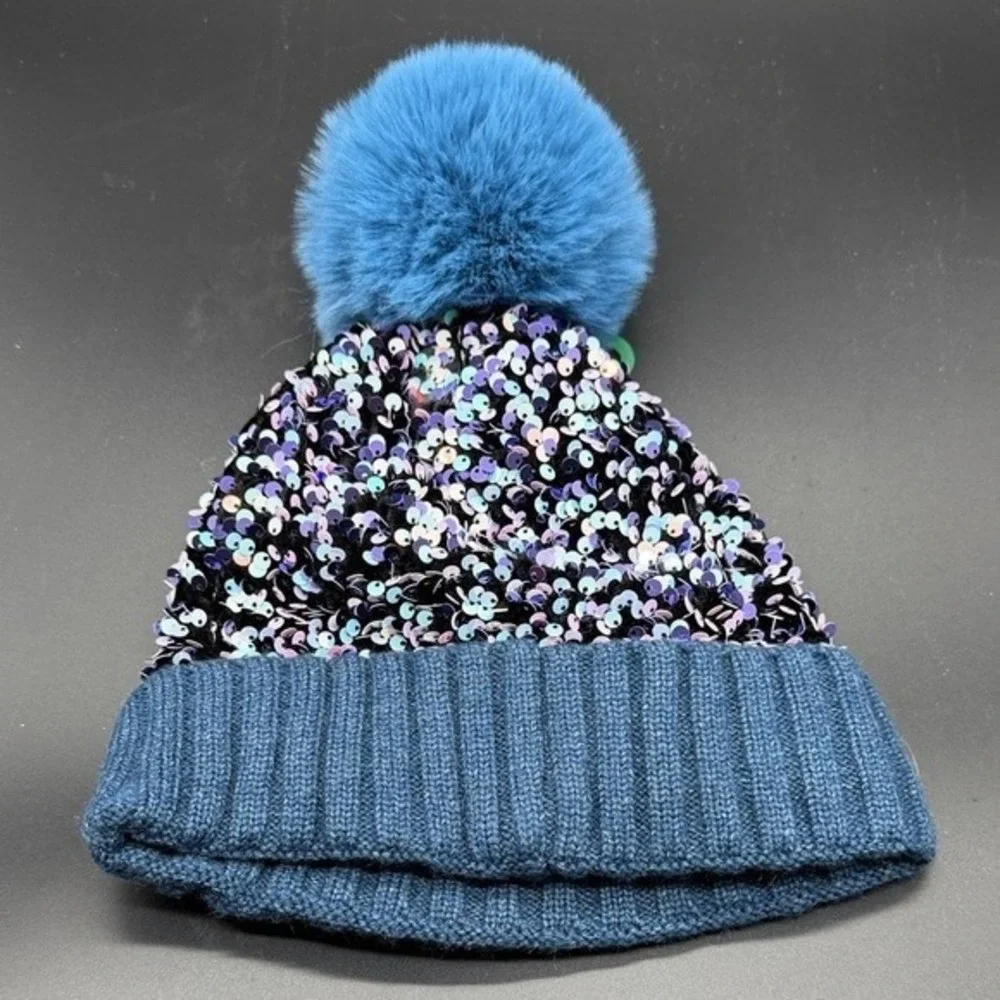 C&K Sequin Pom Hat Beanie Blue Faux Fur Pom Hand‎ Finished